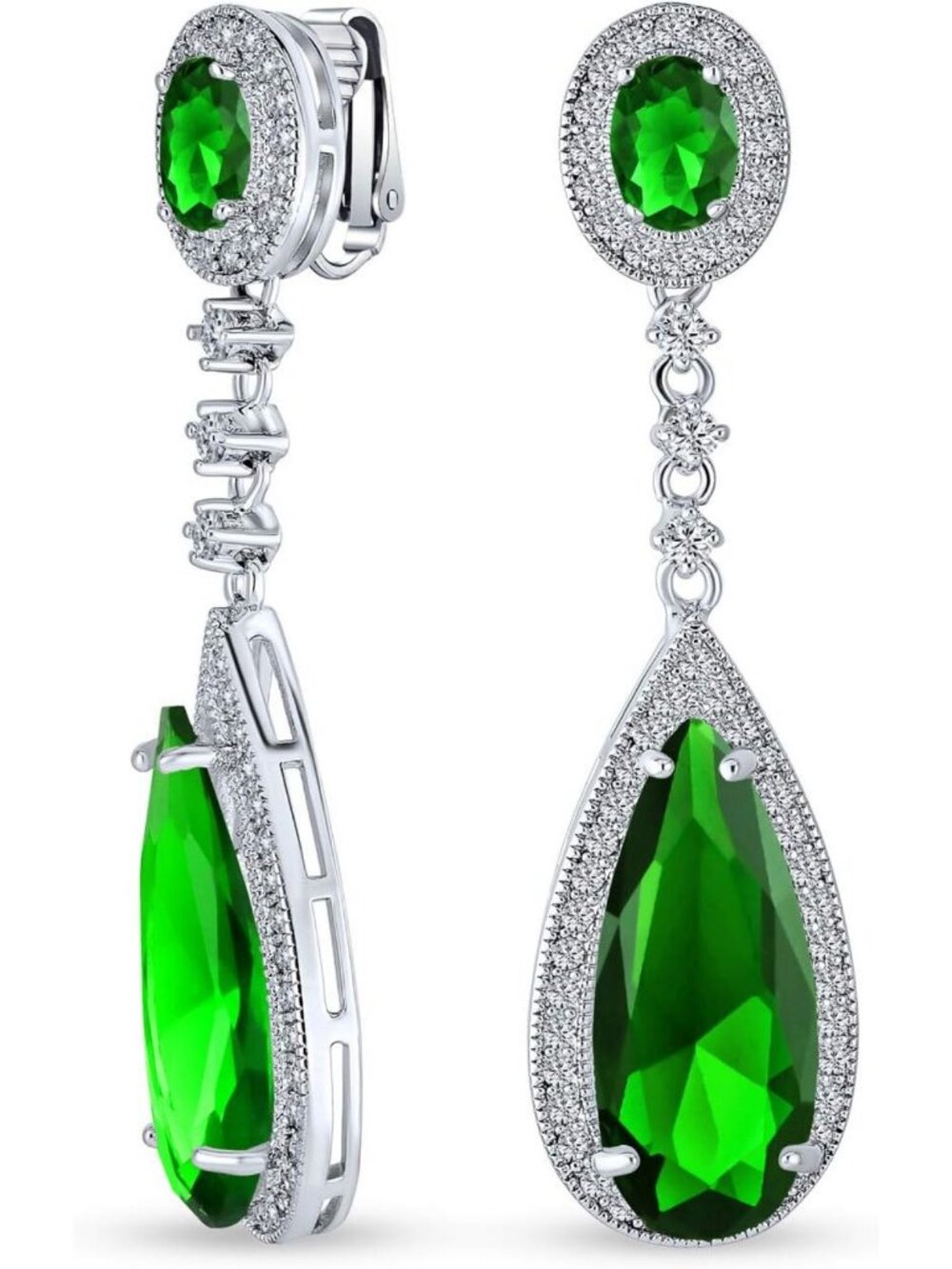 Elegant CZ Halo Teardrop Chandelier Clip-On Earrings in Silver Plated Finish